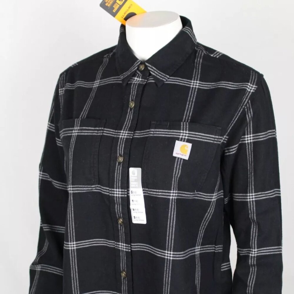 Carhartt Women's Flannel Shirt Rugged Flex Loose Midweight Black Plaid 105989